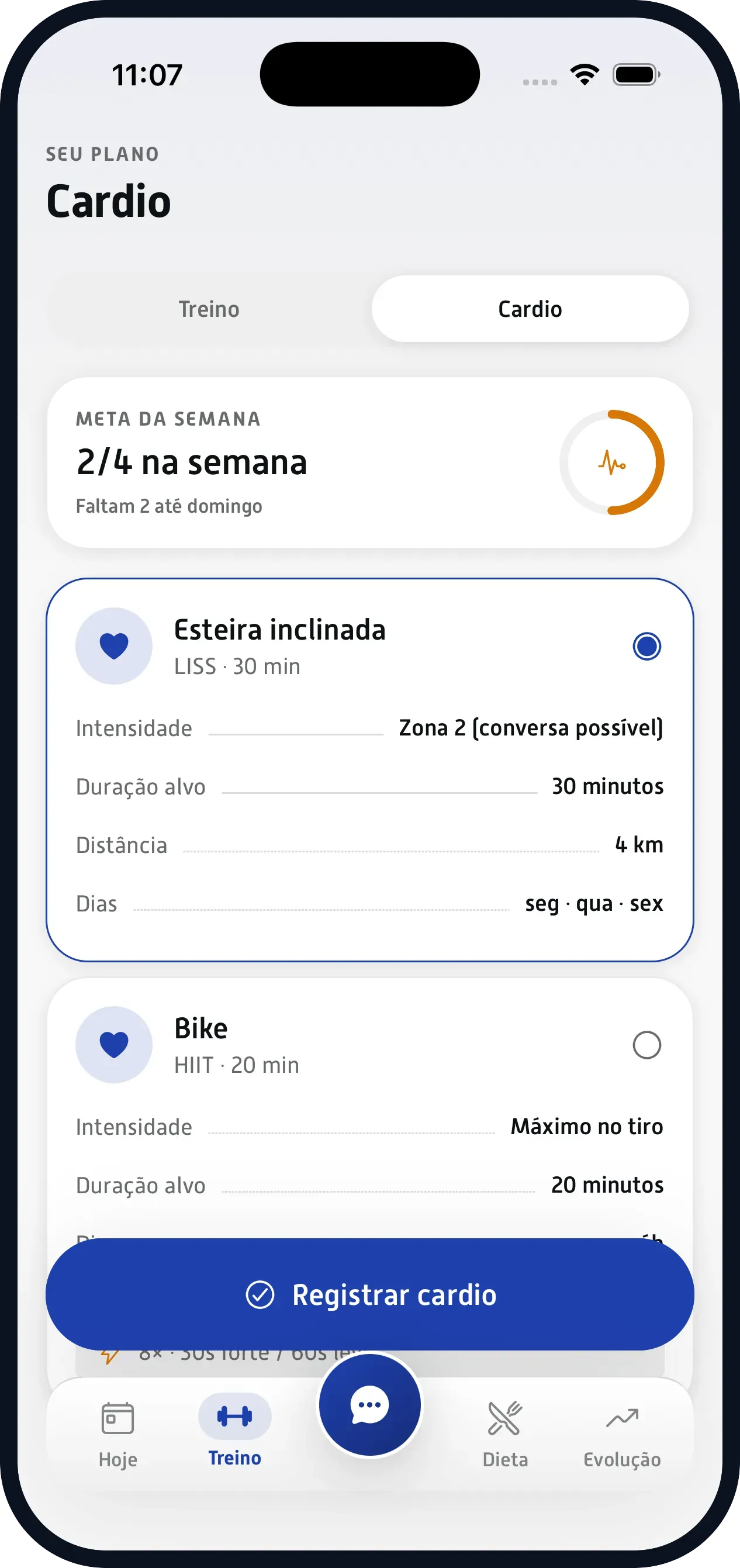 Cardio com alvo claro. Zona, duração e distância. Ele registra quando termina.