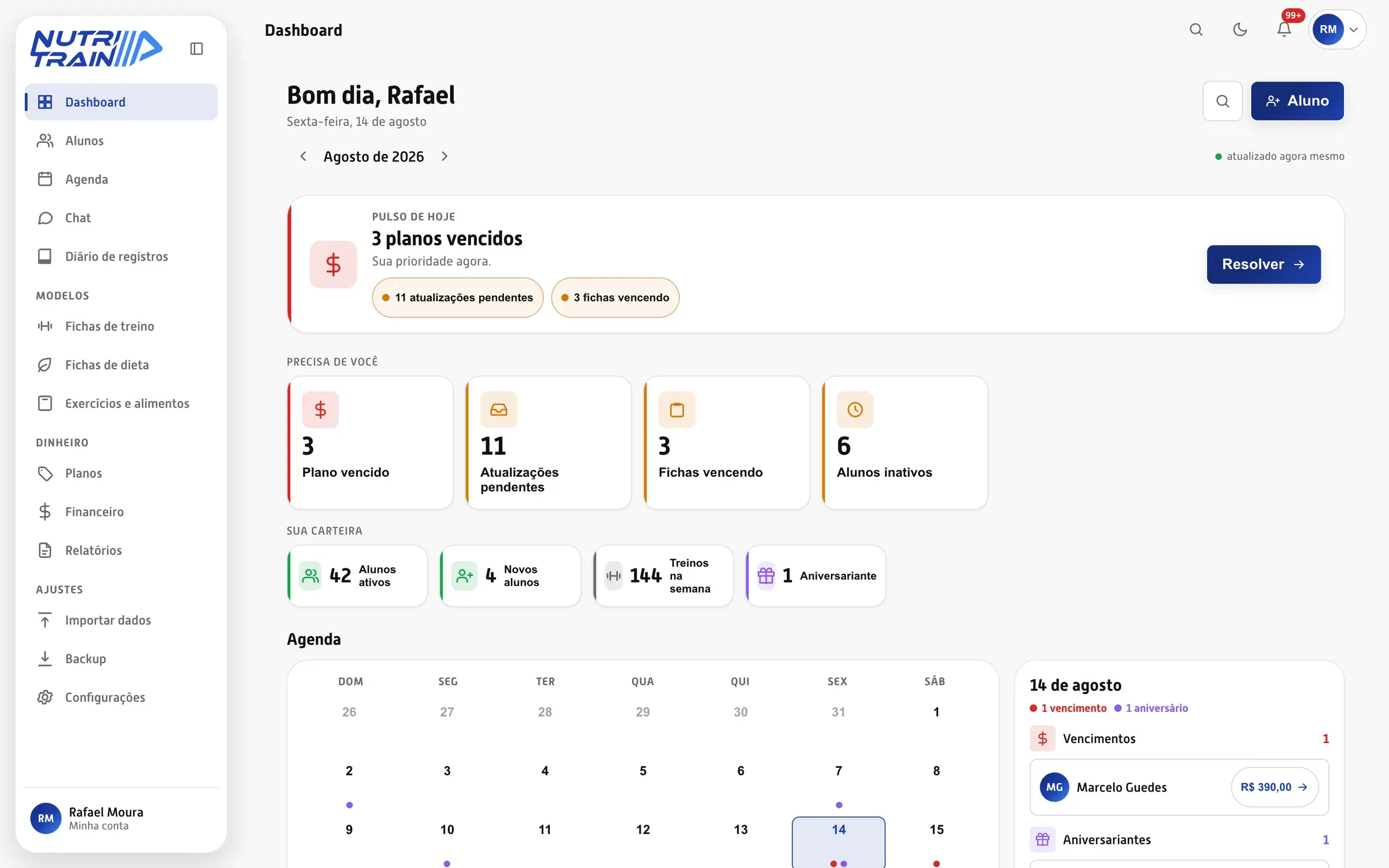 Painel do profissional: acompanhamento dos alunos com check-ins, progresso do plano e status