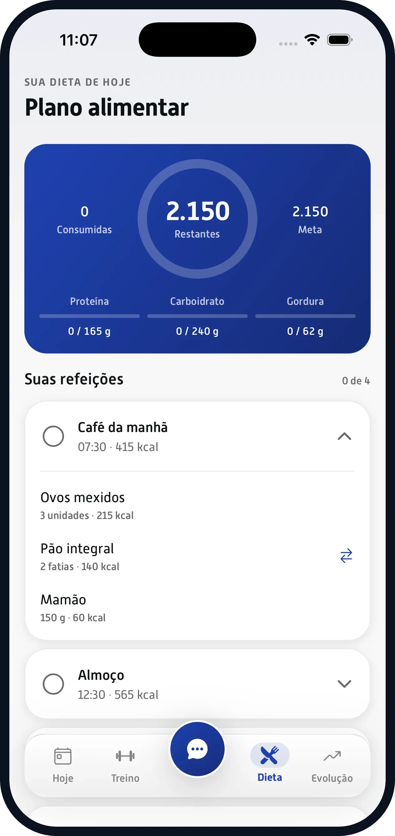A dieta do dia, resolvida. Refeições, calorias, macros e as substituições que você aprovou.