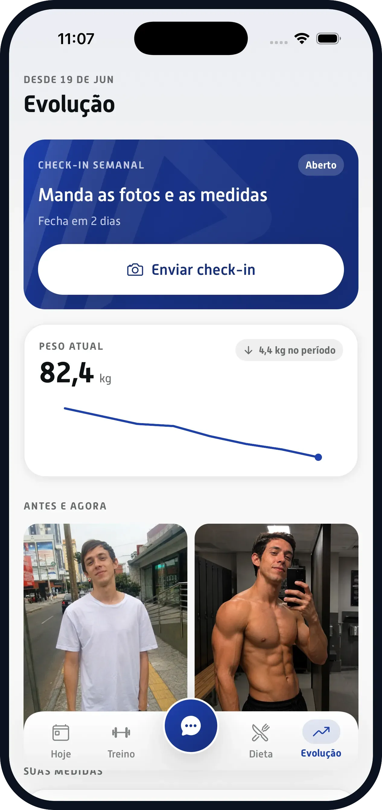 A evolução que ele vê. Peso, medidas e as fotos lado a lado desde o começo.